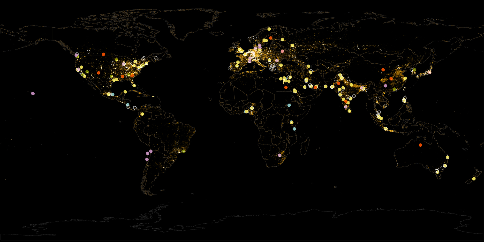 Map of the globe showing mega infrastructure mapped against global population density
